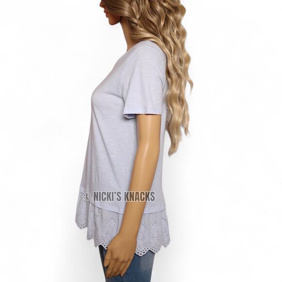 Loft Eyelet Peplum Trim Light Periwinkle Blue Cotton T-Shirt Short Sleeve Sze XS - Picture 3 of 8